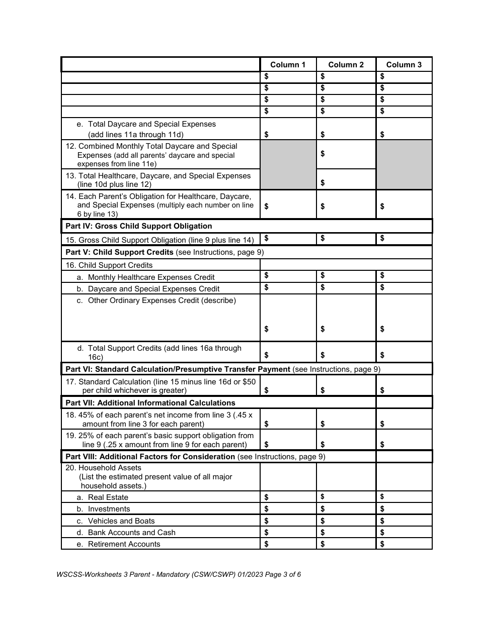 Washington State Child Support Schedule Worksheets - 3-parent Family - Washington, Page 3