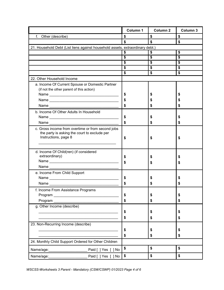 Washington State Child Support Schedule Worksheets - 3-parent Family - Washington, Page 4