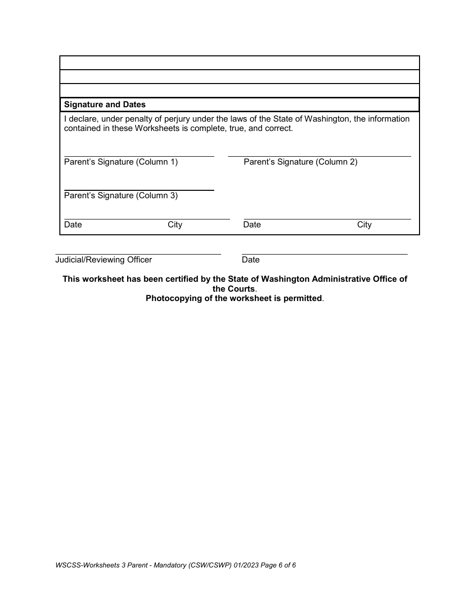 Washington Washington State Child Support Schedule Worksheets - 3 ...