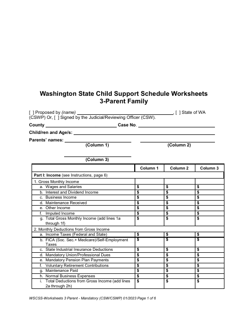Washington State Child Support Schedule Worksheets - 3-parent Family - Washington Download Pdf