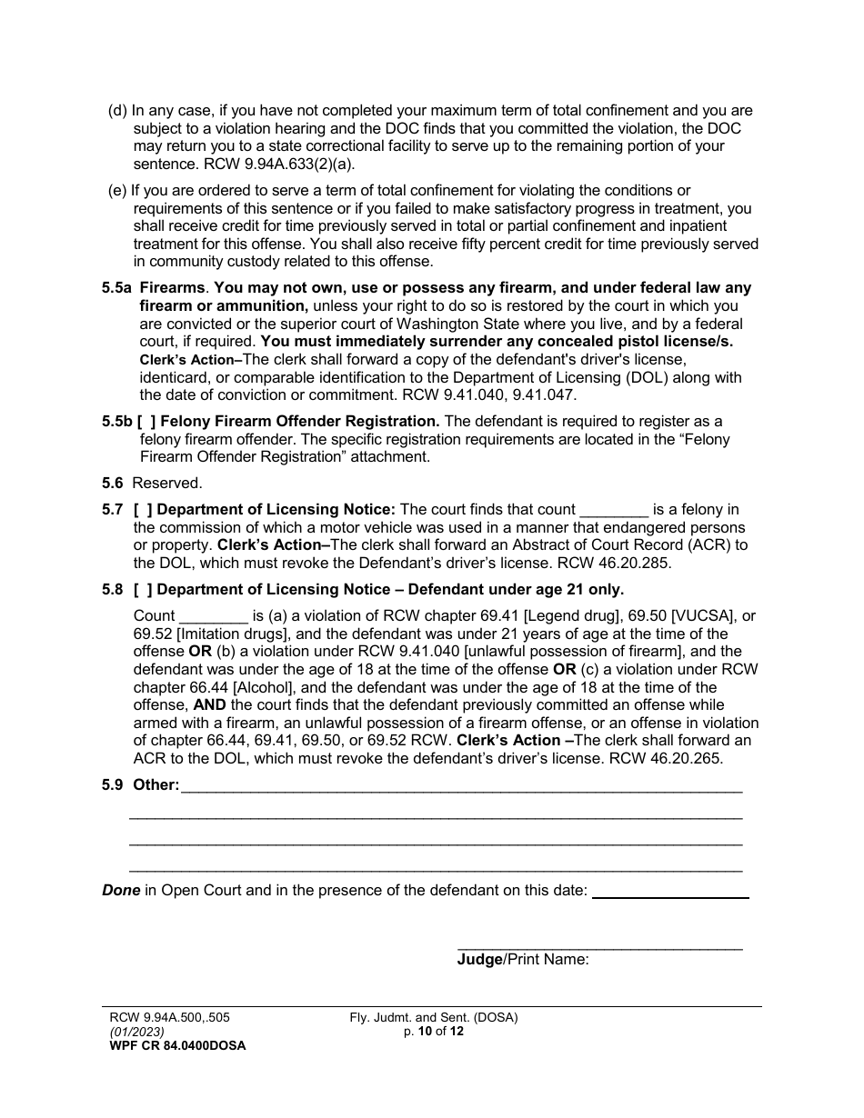 Form WPF CR84.0400DOSA Felony Judgment and Sentence - Drug Offender Sentencing Alternative - Washington, Page 10