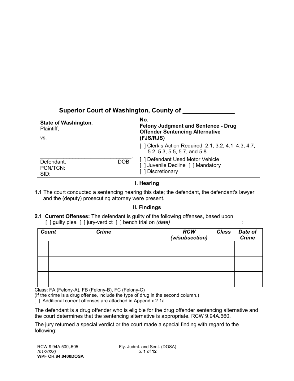 Form WPF CR84.0400DOSA Felony Judgment and Sentence - Drug Offender Sentencing Alternative - Washington, Page 1