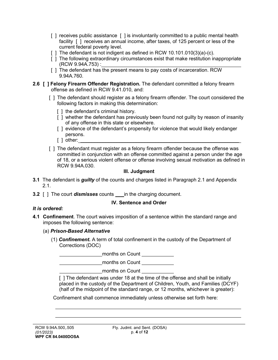 Form WPF CR84.0400DOSA Felony Judgment and Sentence - Drug Offender Sentencing Alternative - Washington, Page 4