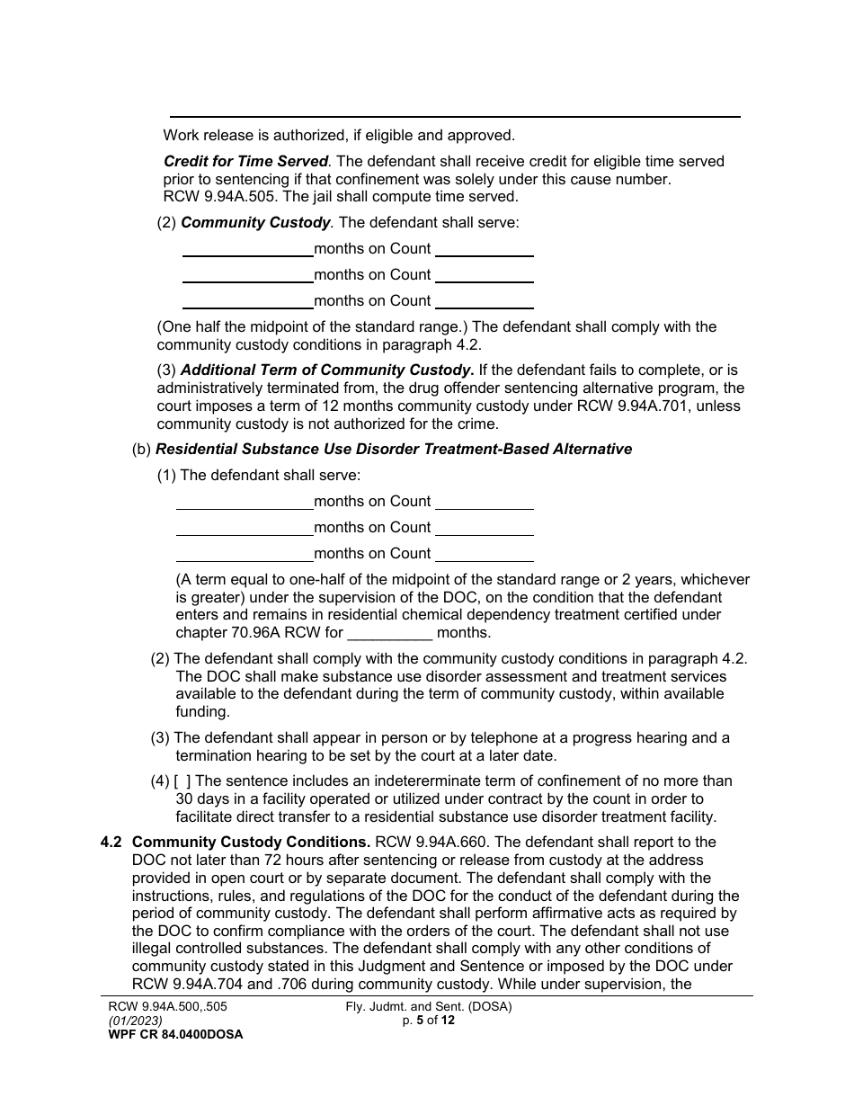 Form WPF CR84.0400DOSA Felony Judgment and Sentence - Drug Offender Sentencing Alternative - Washington, Page 5