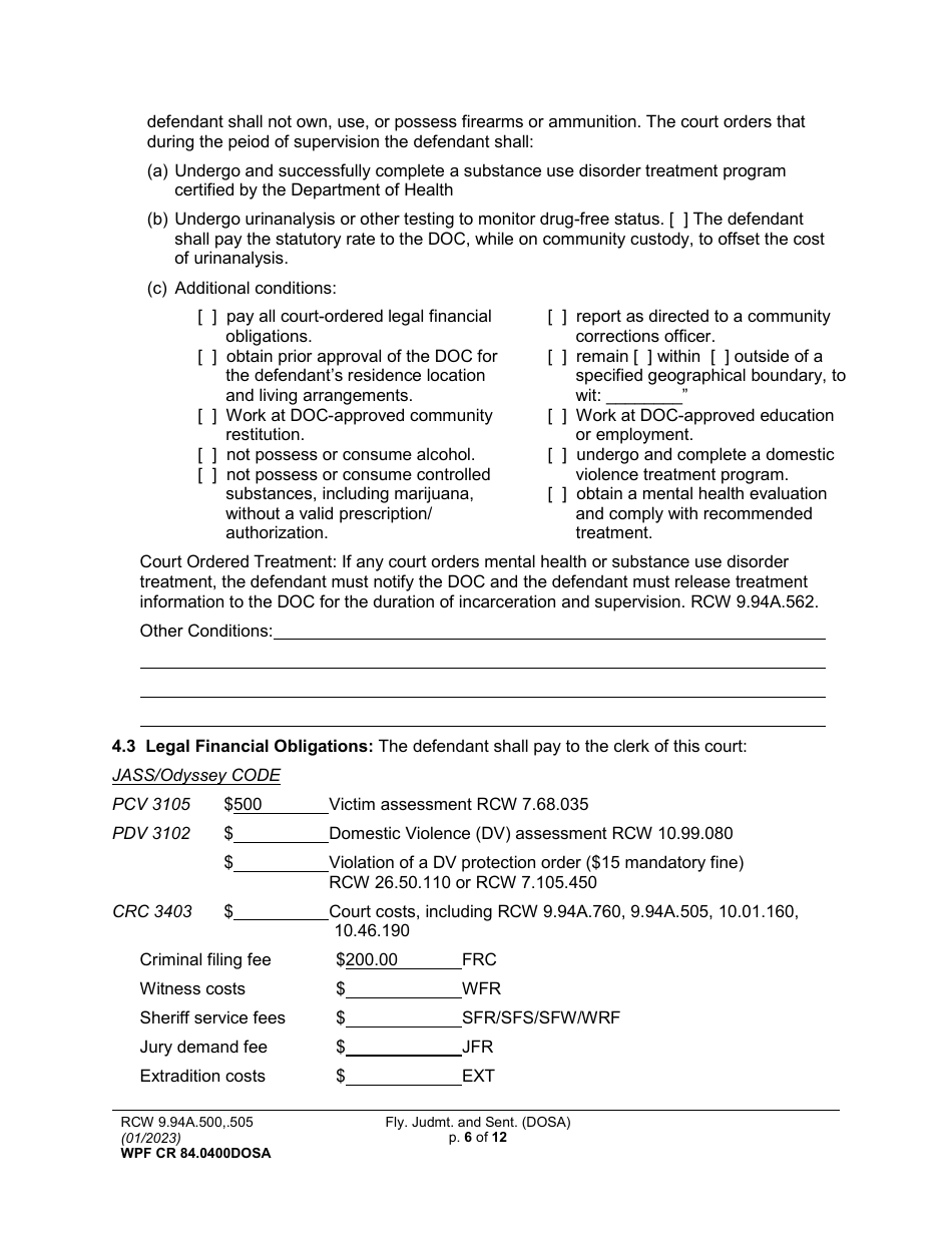 Form WPF CR84.0400DOSA Felony Judgment and Sentence - Drug Offender Sentencing Alternative - Washington, Page 6