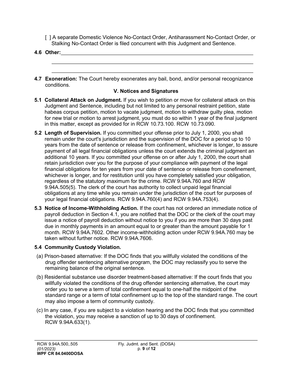Form WPF CR84.0400DOSA Felony Judgment and Sentence - Drug Offender Sentencing Alternative - Washington, Page 9
