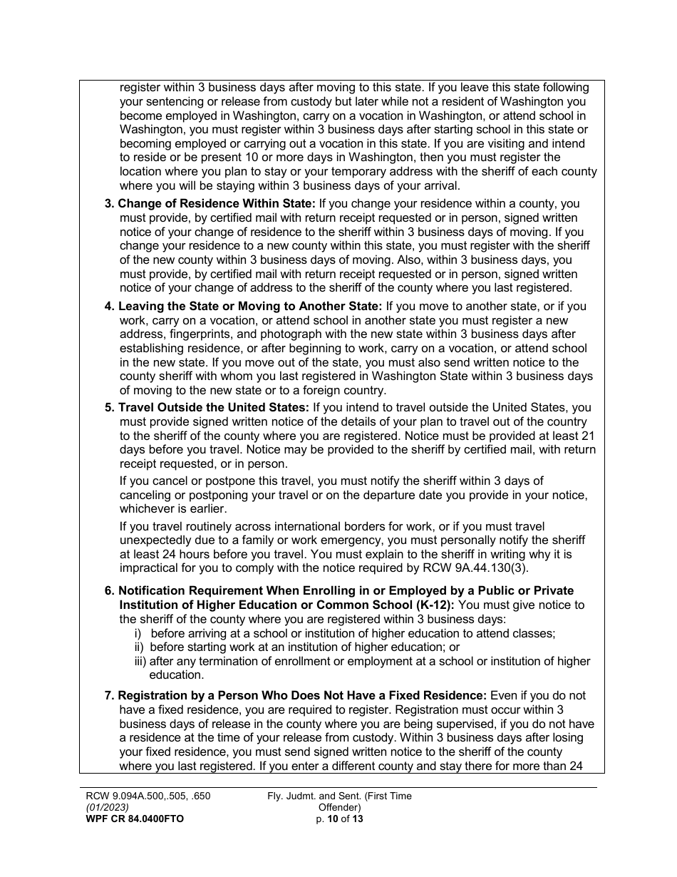 Form WPF CR84.0400FTO Felony Judgment and Sentence - First-Time Offender - Washington, Page 10