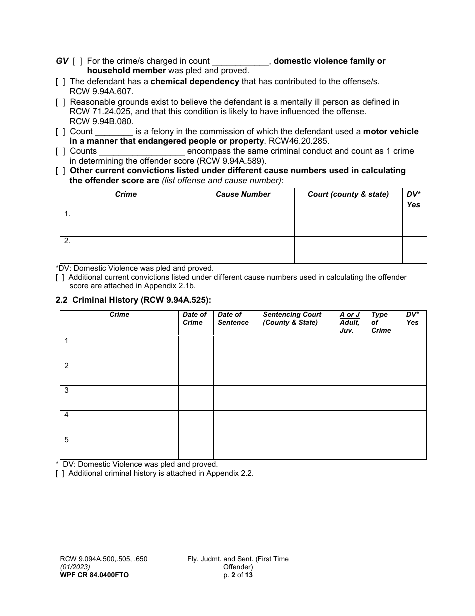 Form WPF CR84.0400FTO Felony Judgment and Sentence - First-Time Offender - Washington, Page 2
