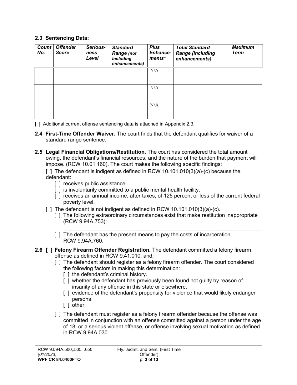 Form WPF CR84.0400FTO Felony Judgment and Sentence - First-Time Offender - Washington, Page 3