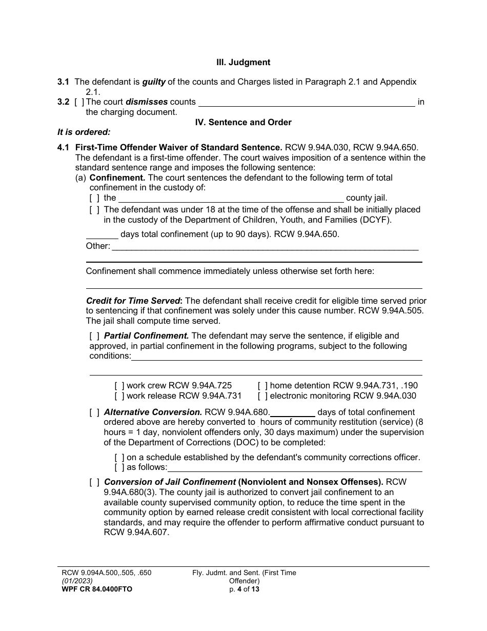 Form WPF CR84.0400FTO Felony Judgment and Sentence - First-Time Offender - Washington, Page 4