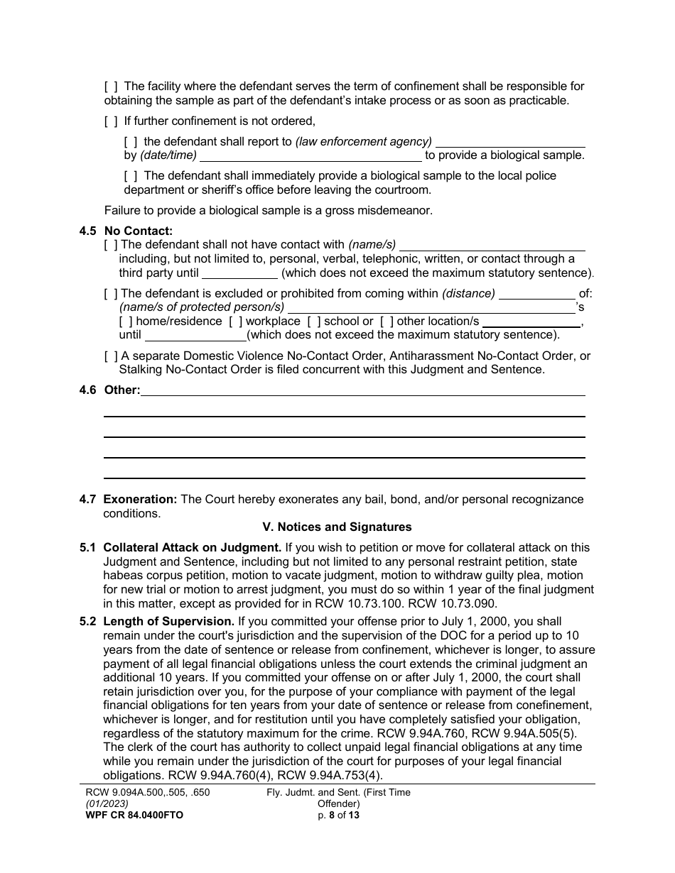 Form WPF CR84.0400FTO Felony Judgment and Sentence - First-Time Offender - Washington, Page 8
