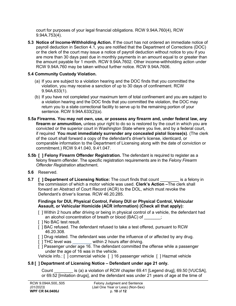 Form WPF CR84.0400J Felony Judgment and Sentence - Jail One Year or Less (Non Sex) - Washington, Page 10