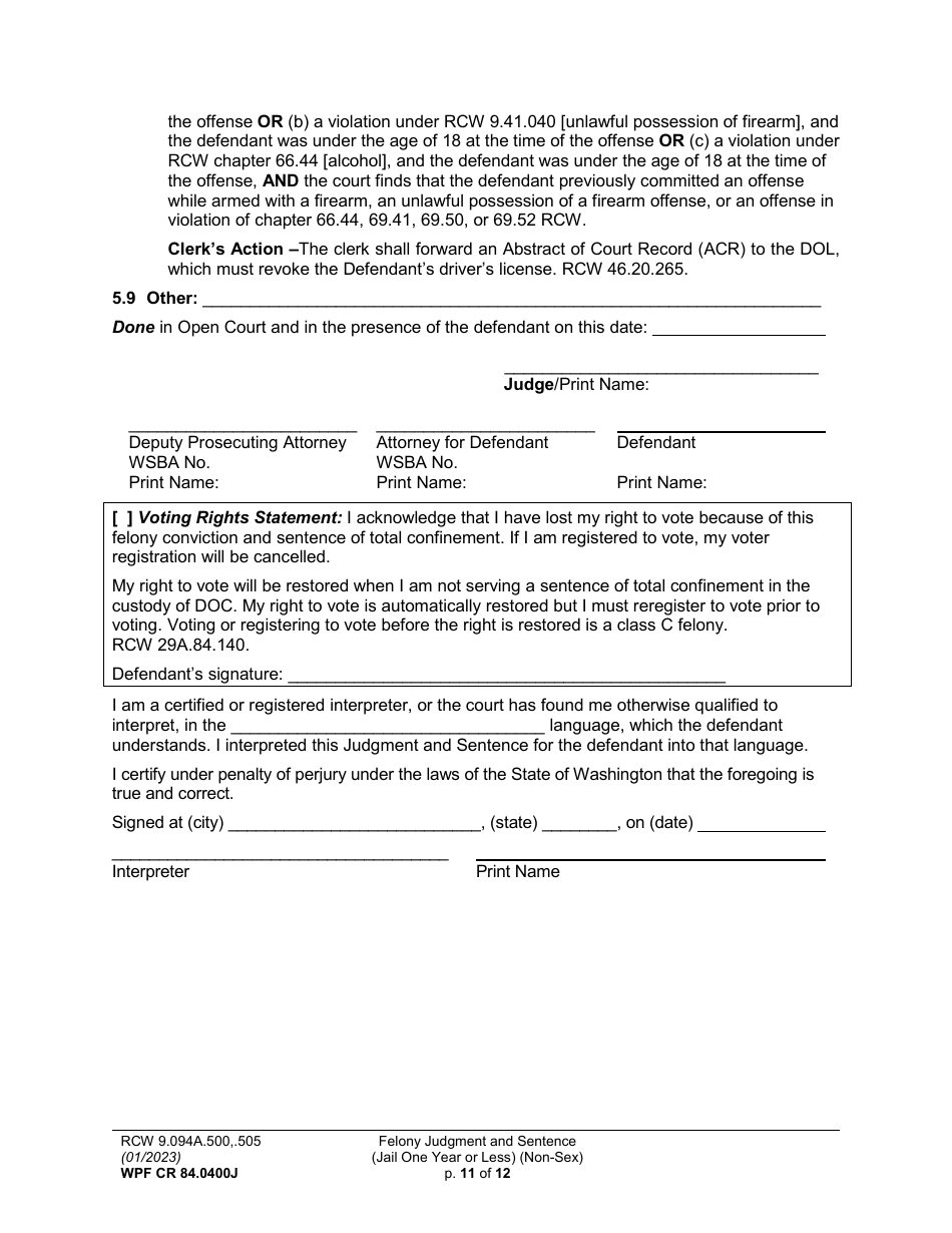 Form WPF CR84.0400J Felony Judgment and Sentence - Jail One Year or Less (Non Sex) - Washington, Page 11