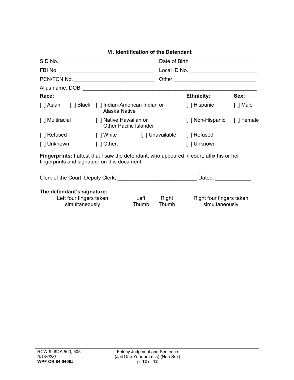 Form WPF CR84.0400J Felony Judgment and Sentence - Jail One Year or Less (Non Sex) - Washington, Page 12
