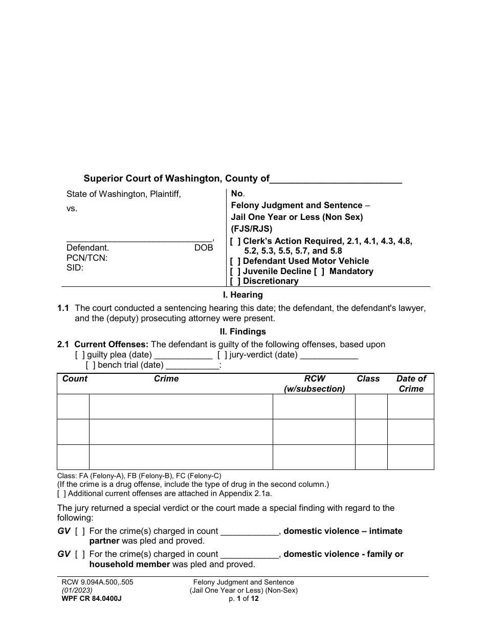 Form WPF CR84.0400J Felony Judgment and Sentence - Jail One Year or Less (Non Sex) - Washington, Page 1