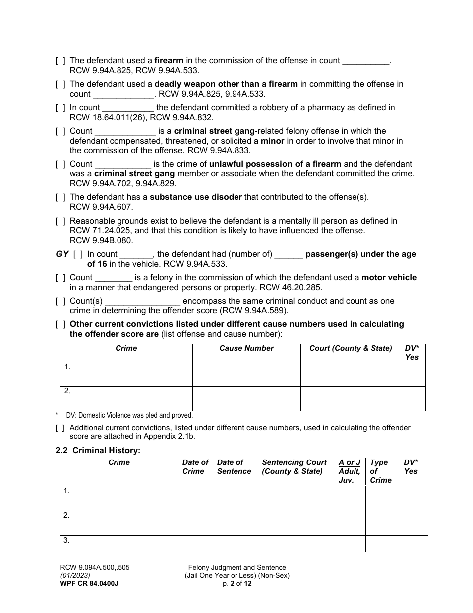 Form WPF CR84.0400J Felony Judgment and Sentence - Jail One Year or Less (Non Sex) - Washington, Page 2