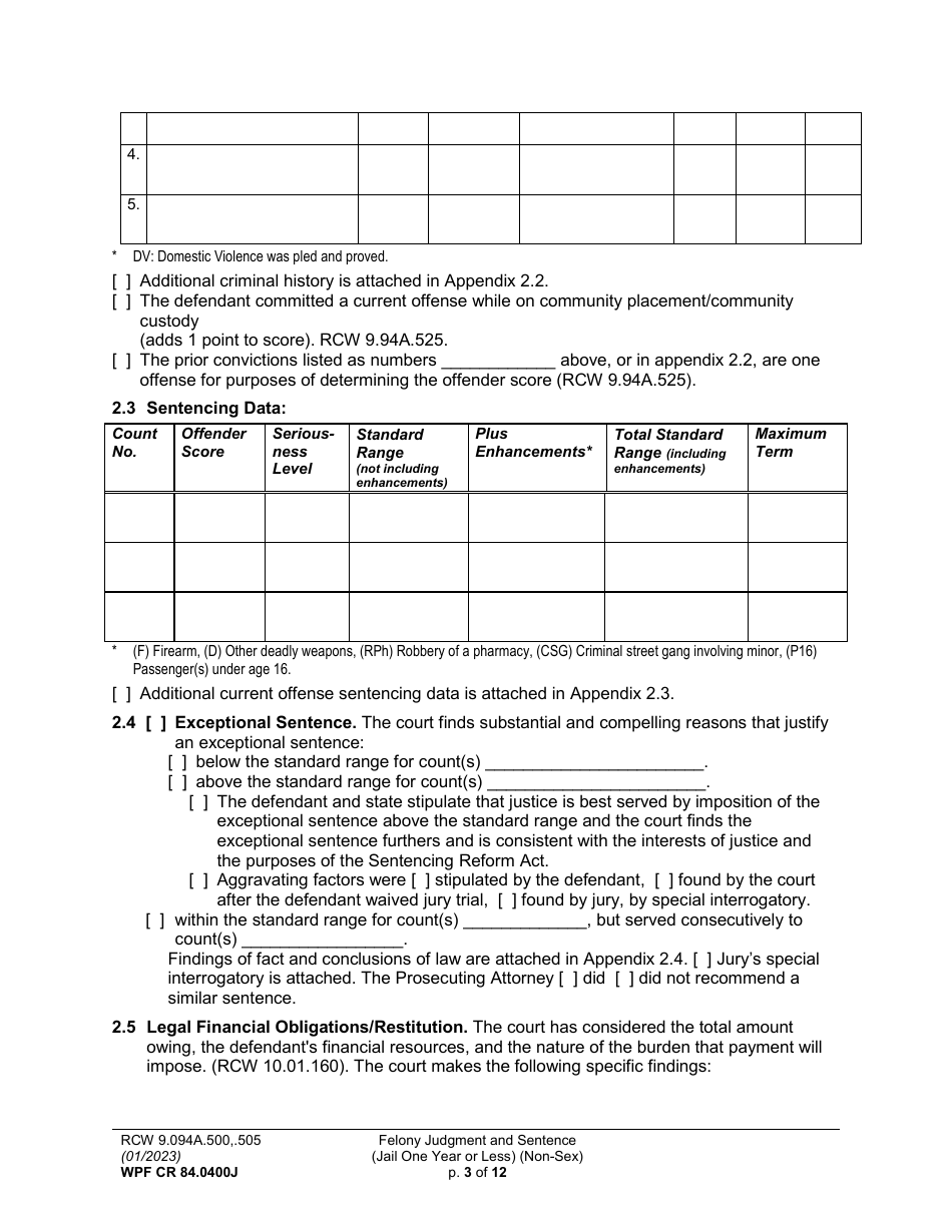Form WPF CR84.0400J Felony Judgment and Sentence - Jail One Year or Less (Non Sex) - Washington, Page 3