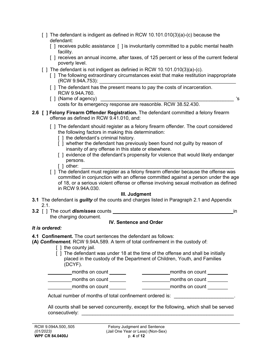 Form WPF CR84.0400J Felony Judgment and Sentence - Jail One Year or Less (Non Sex) - Washington, Page 4