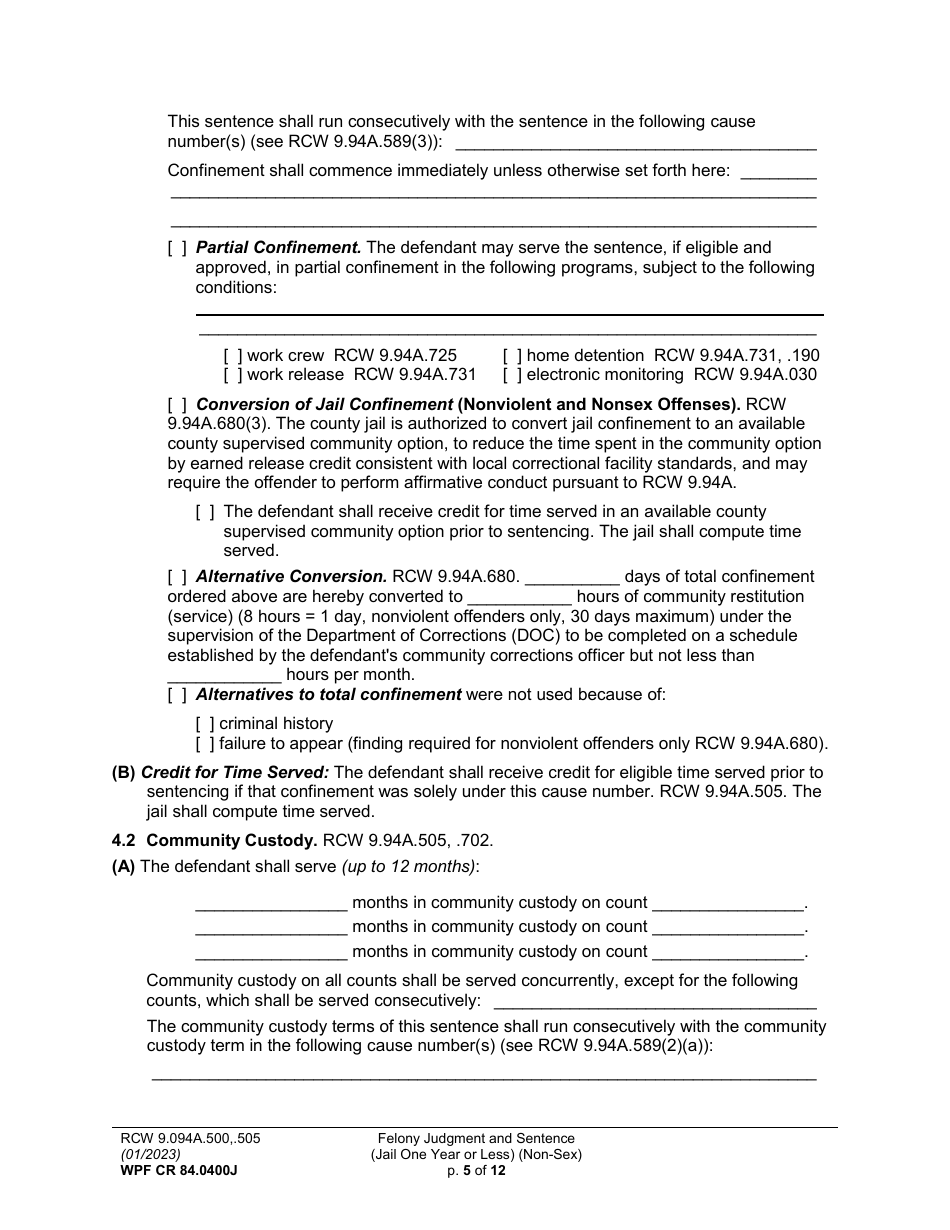 Form WPF CR84.0400J Felony Judgment and Sentence - Jail One Year or Less (Non Sex) - Washington, Page 5