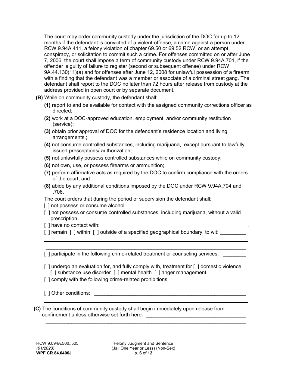 Form WPF CR84.0400J Felony Judgment and Sentence - Jail One Year or Less (Non Sex) - Washington, Page 6