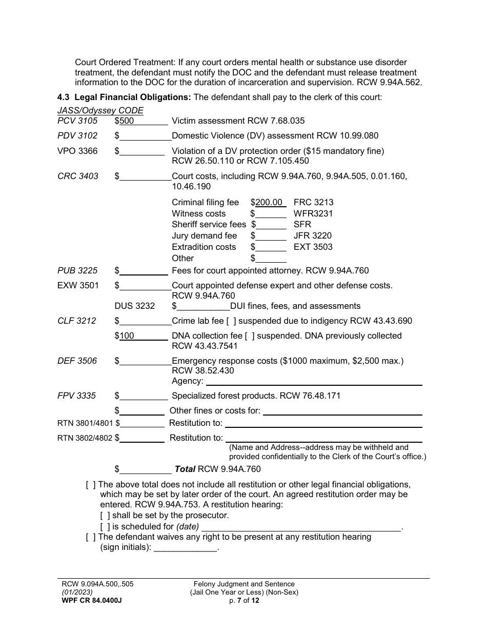 Form WPF CR84.0400J Felony Judgment and Sentence - Jail One Year or Less (Non Sex) - Washington, Page 7