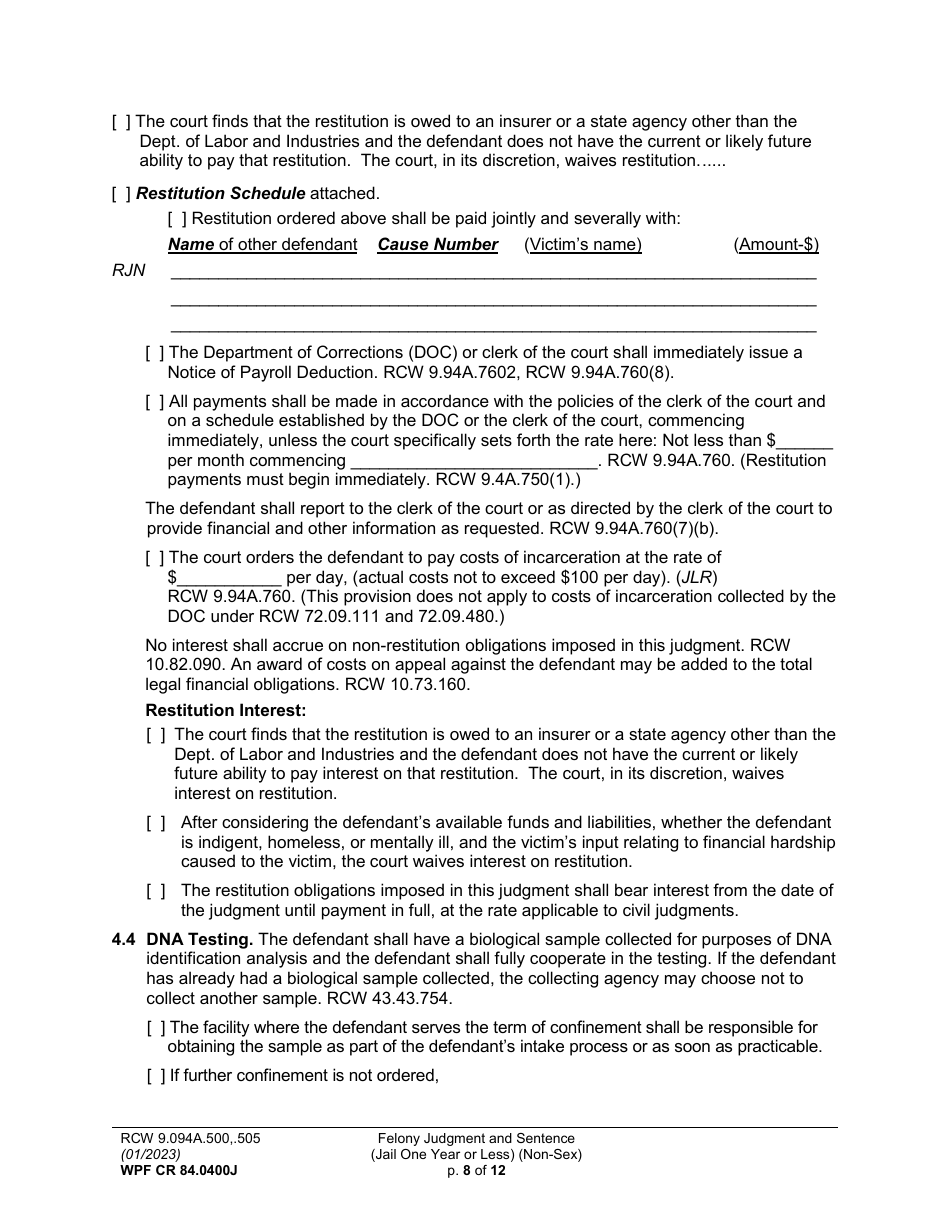Form WPF CR84.0400J Felony Judgment and Sentence - Jail One Year or Less (Non Sex) - Washington, Page 8