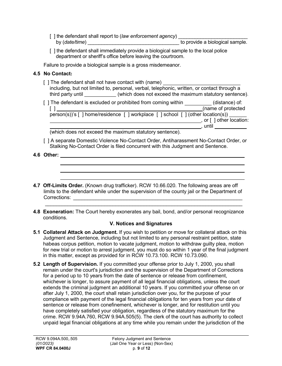 Form WPF CR84.0400J Felony Judgment and Sentence - Jail One Year or Less (Non Sex) - Washington, Page 9