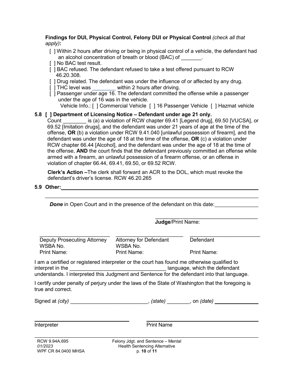 Form WPF CR84.0400 MHSA Felony Judgment and Sentence - Mental Health Sentencing Alternative - Washington, Page 10