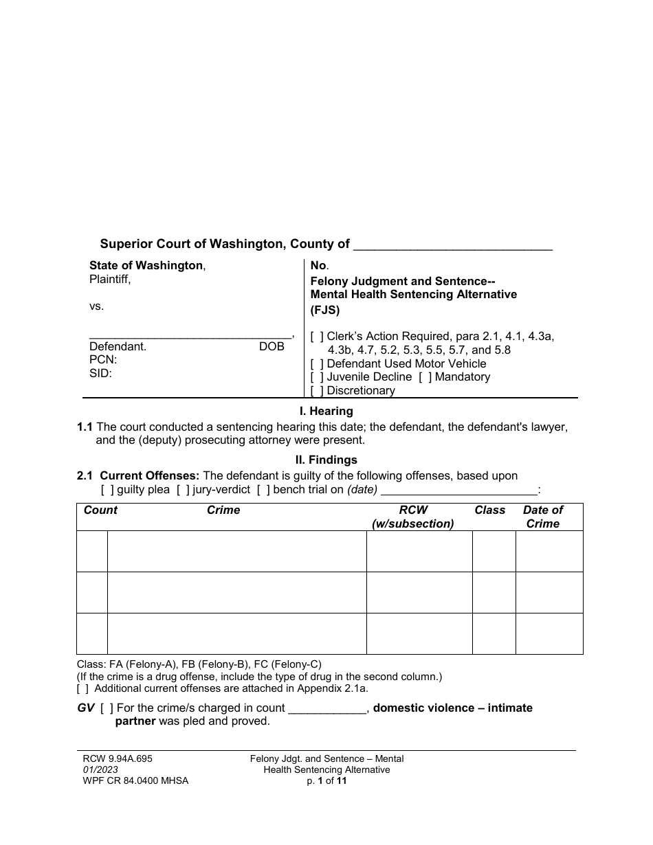 Form WPF CR84.0400 MHSA Felony Judgment and Sentence - Mental Health Sentencing Alternative - Washington, Page 1