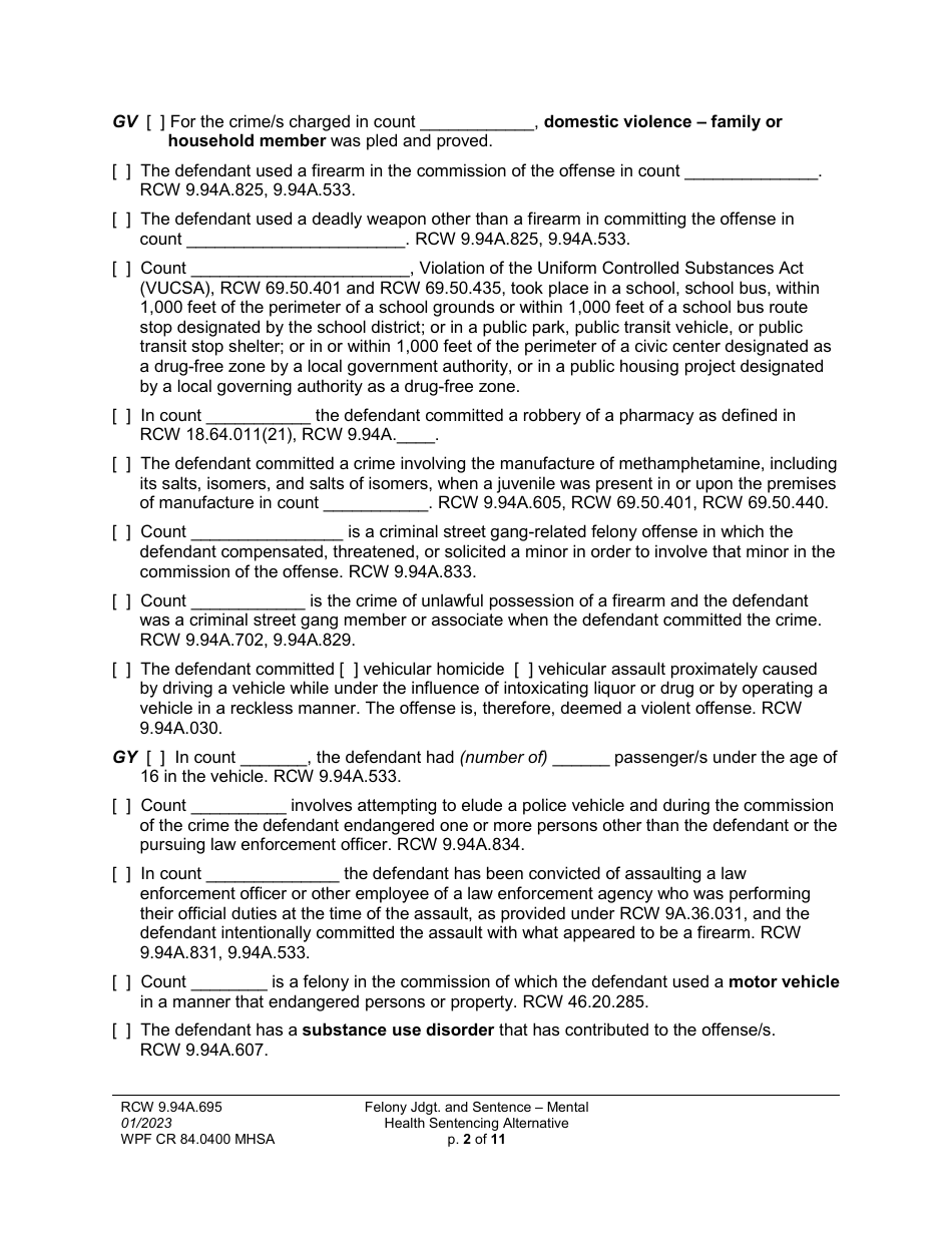 Form WPF CR84.0400 MHSA Felony Judgment and Sentence - Mental Health Sentencing Alternative - Washington, Page 2