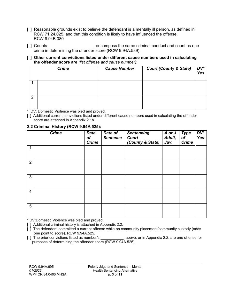 Form WPF CR84.0400 MHSA Felony Judgment and Sentence - Mental Health Sentencing Alternative - Washington, Page 3