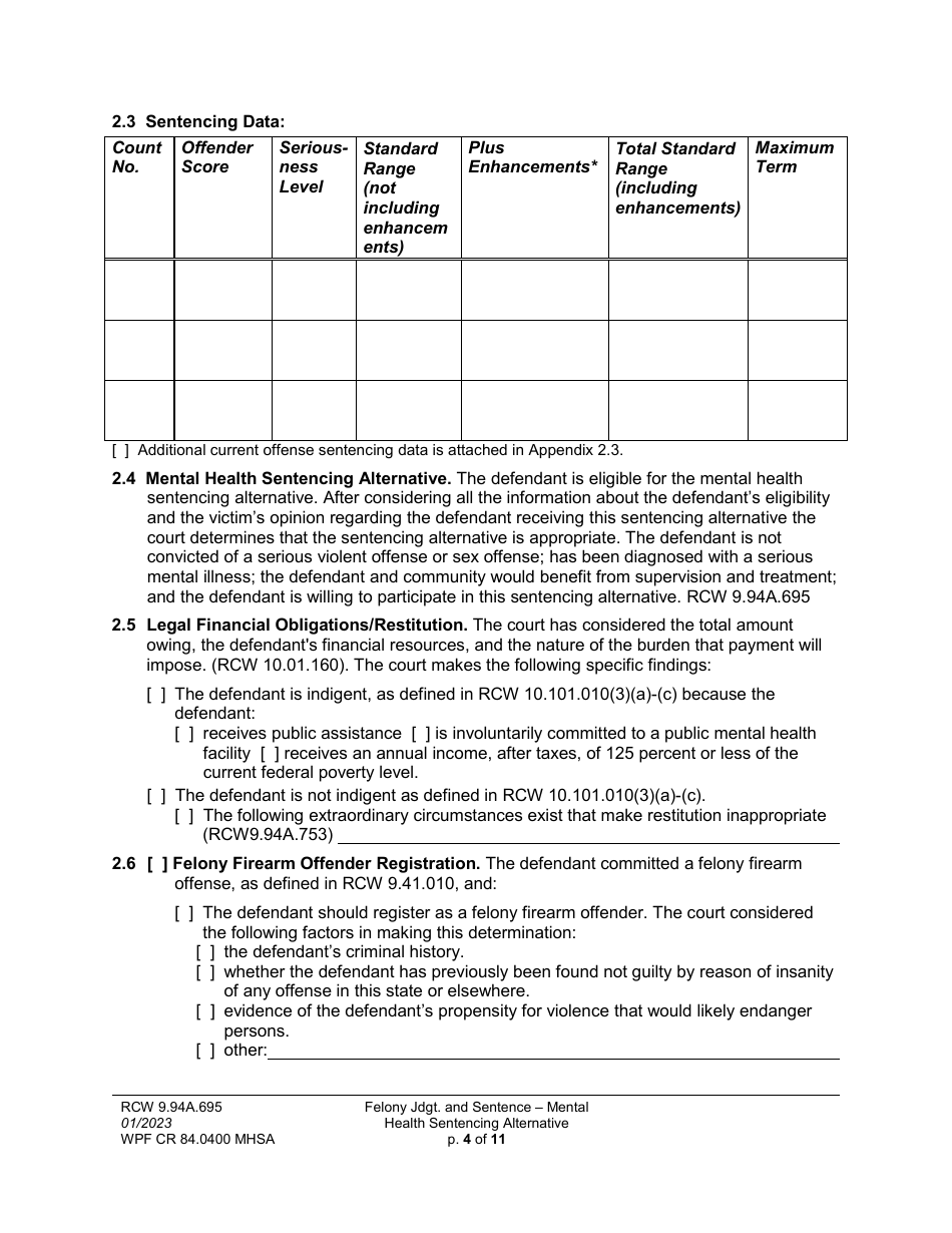 Form WPF CR84.0400 MHSA Felony Judgment and Sentence - Mental Health Sentencing Alternative - Washington, Page 4