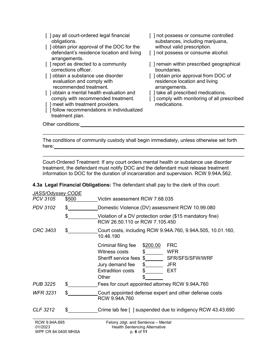 Form WPF CR84.0400 MHSA Felony Judgment and Sentence - Mental Health Sentencing Alternative - Washington, Page 6