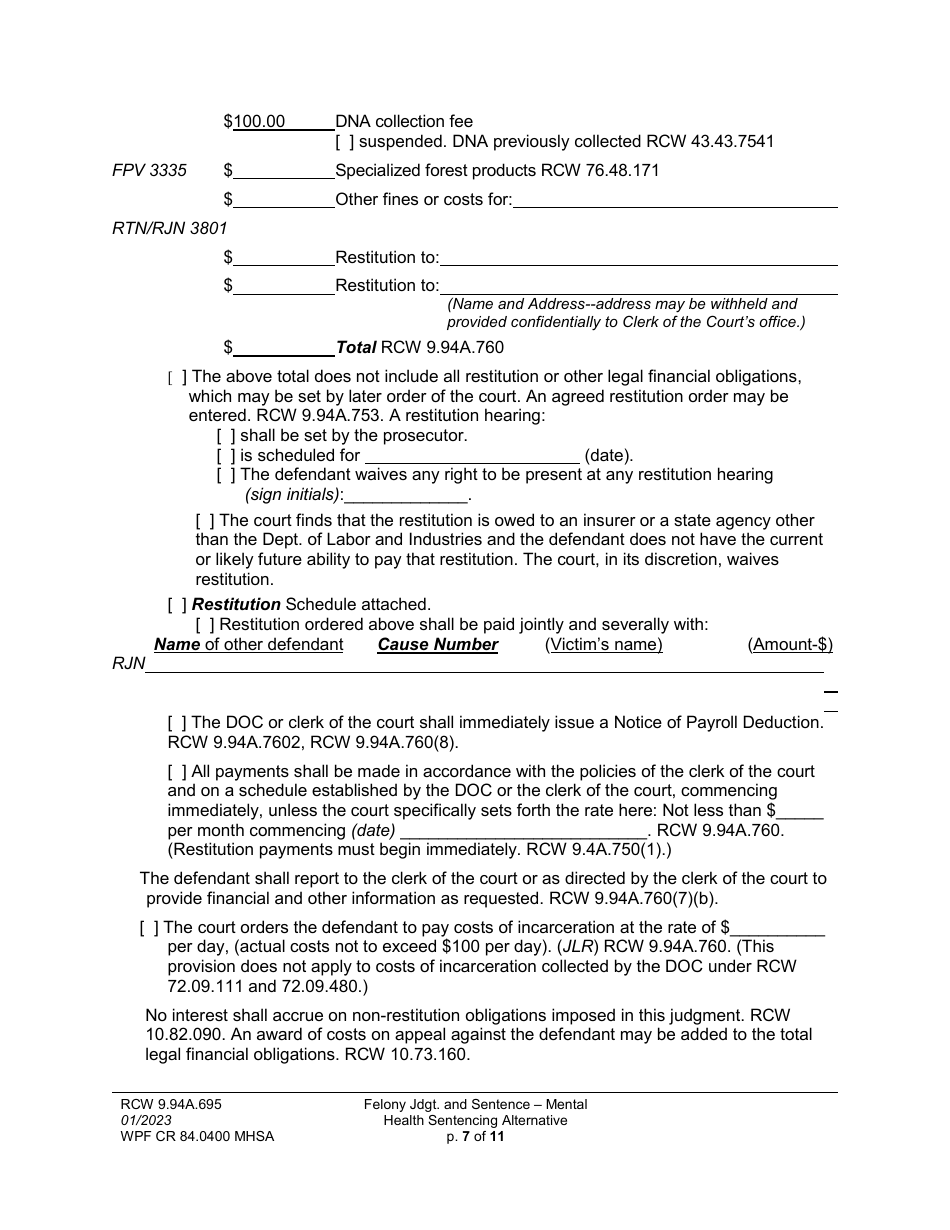 Form WPF CR84.0400 MHSA Felony Judgment and Sentence - Mental Health Sentencing Alternative - Washington, Page 7