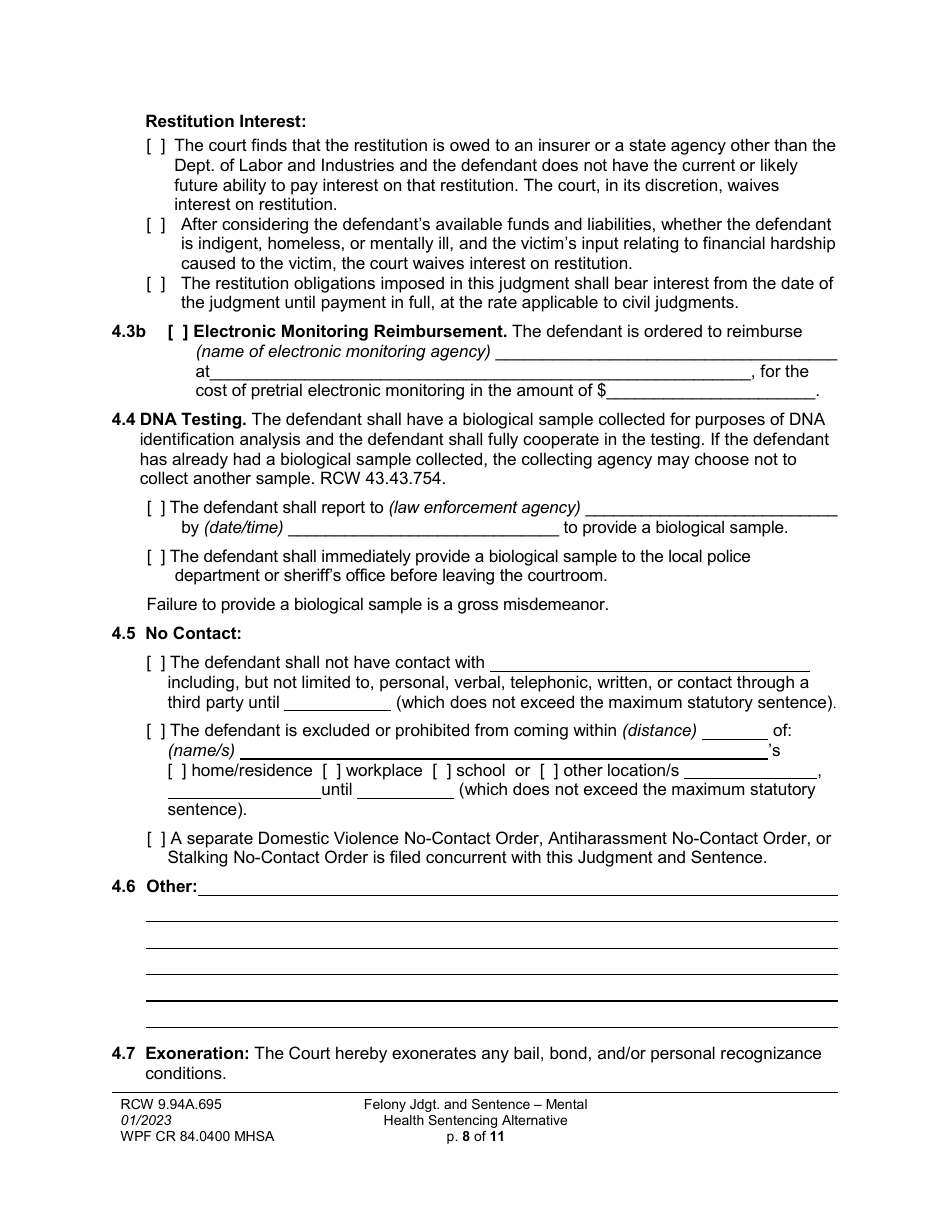 Form WPF CR84.0400 MHSA Felony Judgment and Sentence - Mental Health Sentencing Alternative - Washington, Page 8