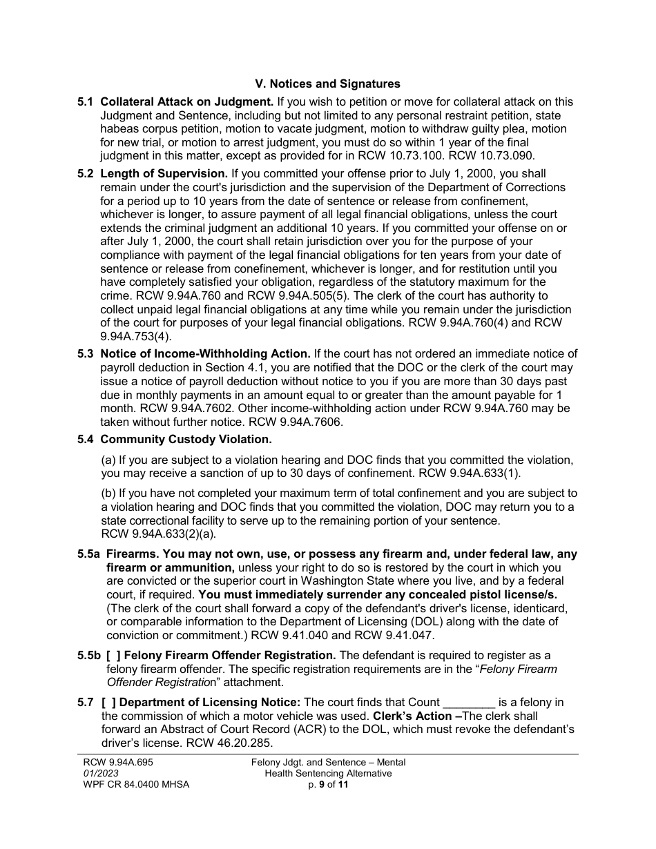Form WPF CR84.0400 MHSA Felony Judgment and Sentence - Mental Health Sentencing Alternative - Washington, Page 9