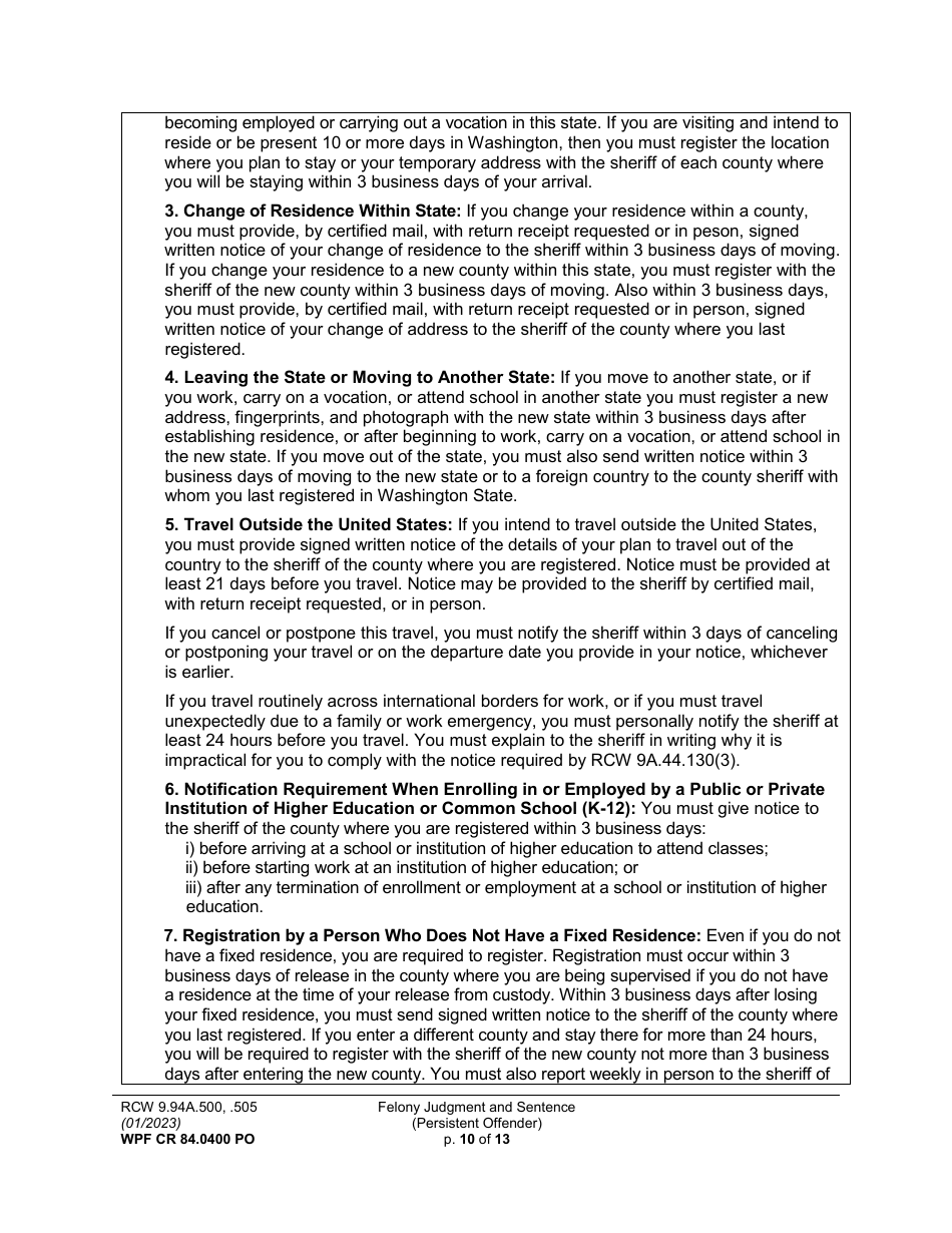 Form WPF CR84.0400 PO Felony Judgment and Sentence - Persistent Offender - Washington, Page 10