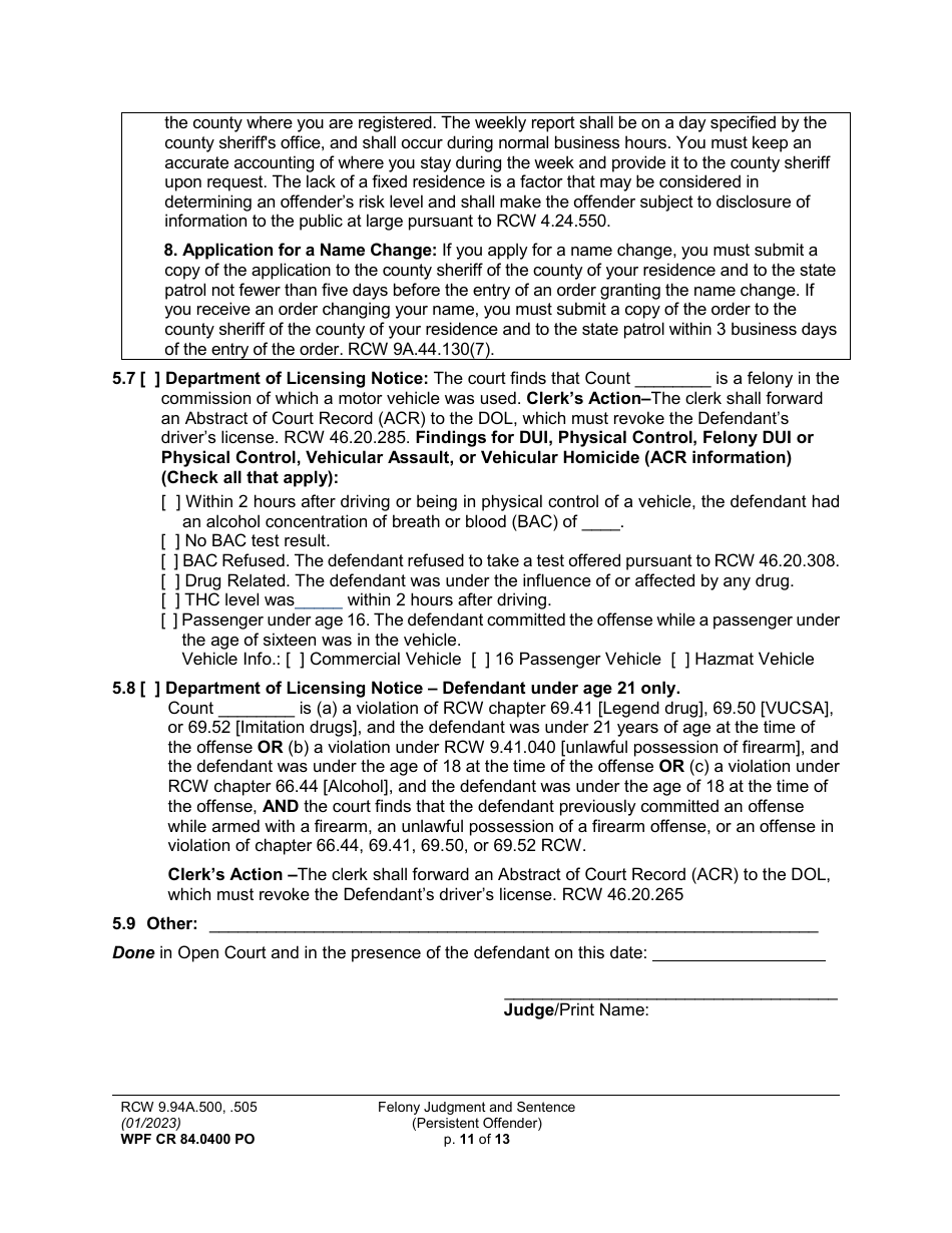 Form WPF CR84.0400 PO Felony Judgment and Sentence - Persistent Offender - Washington, Page 11