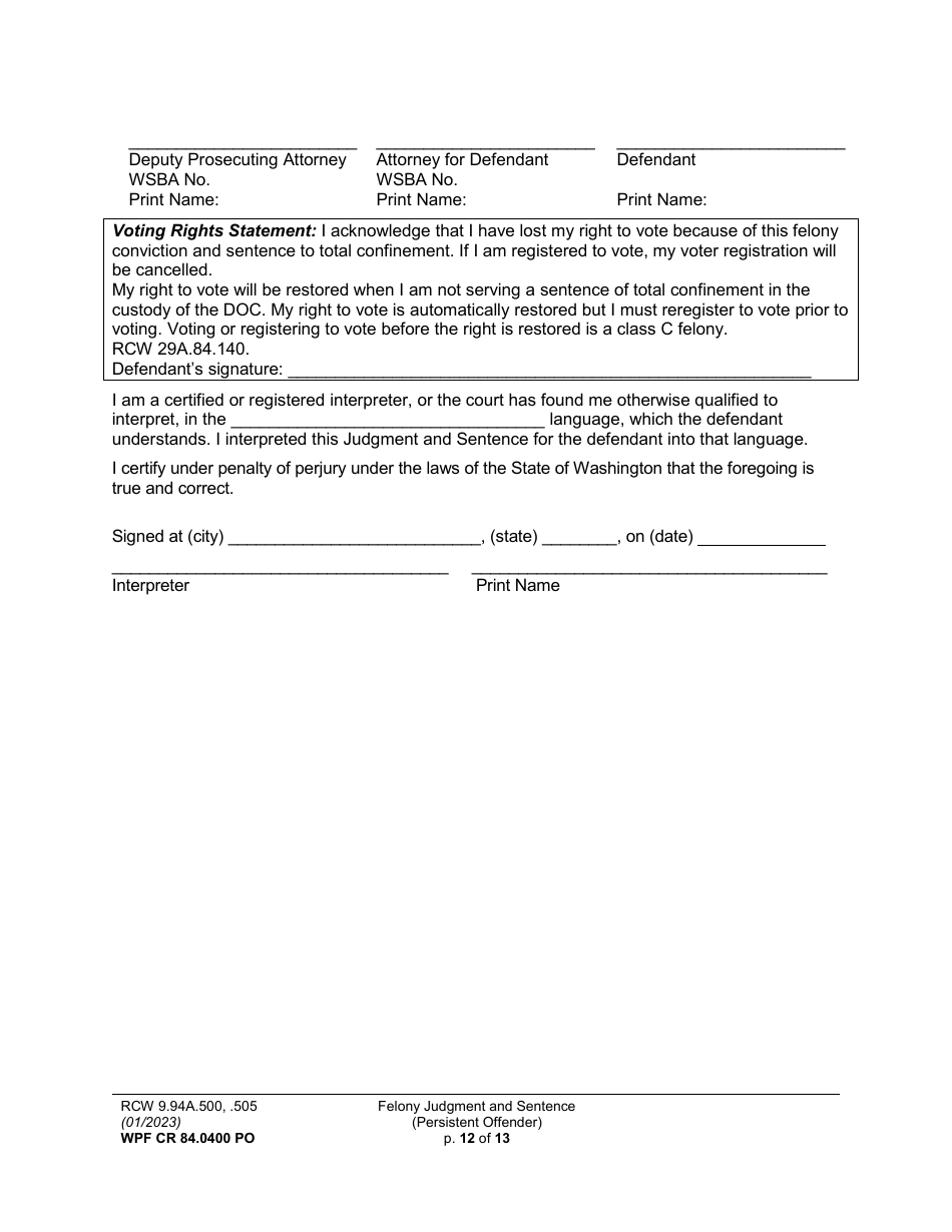 Form WPF CR84.0400 PO Felony Judgment and Sentence - Persistent Offender - Washington, Page 12