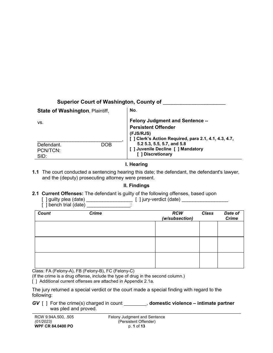 Form WPF CR84.0400 PO Felony Judgment and Sentence - Persistent Offender - Washington, Page 1