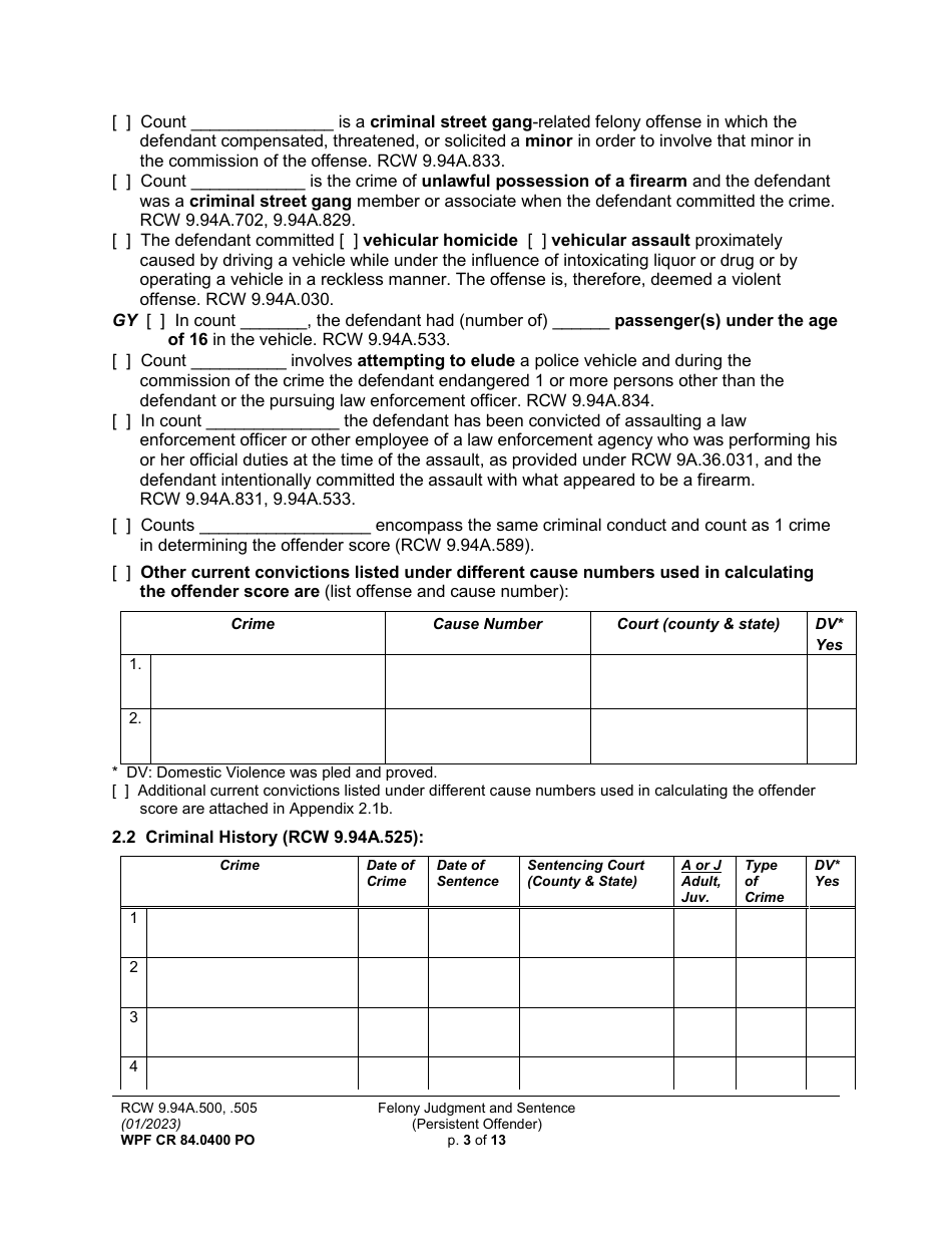 Form WPF CR84.0400 PO Felony Judgment and Sentence - Persistent Offender - Washington, Page 3