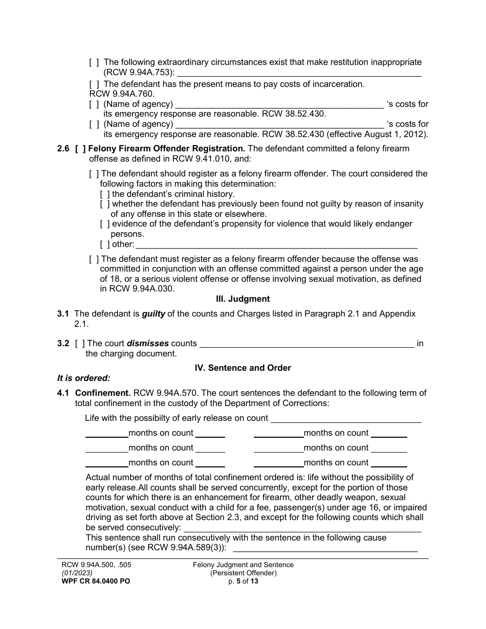 Form WPF CR84.0400 PO Felony Judgment and Sentence - Persistent Offender - Washington, Page 5