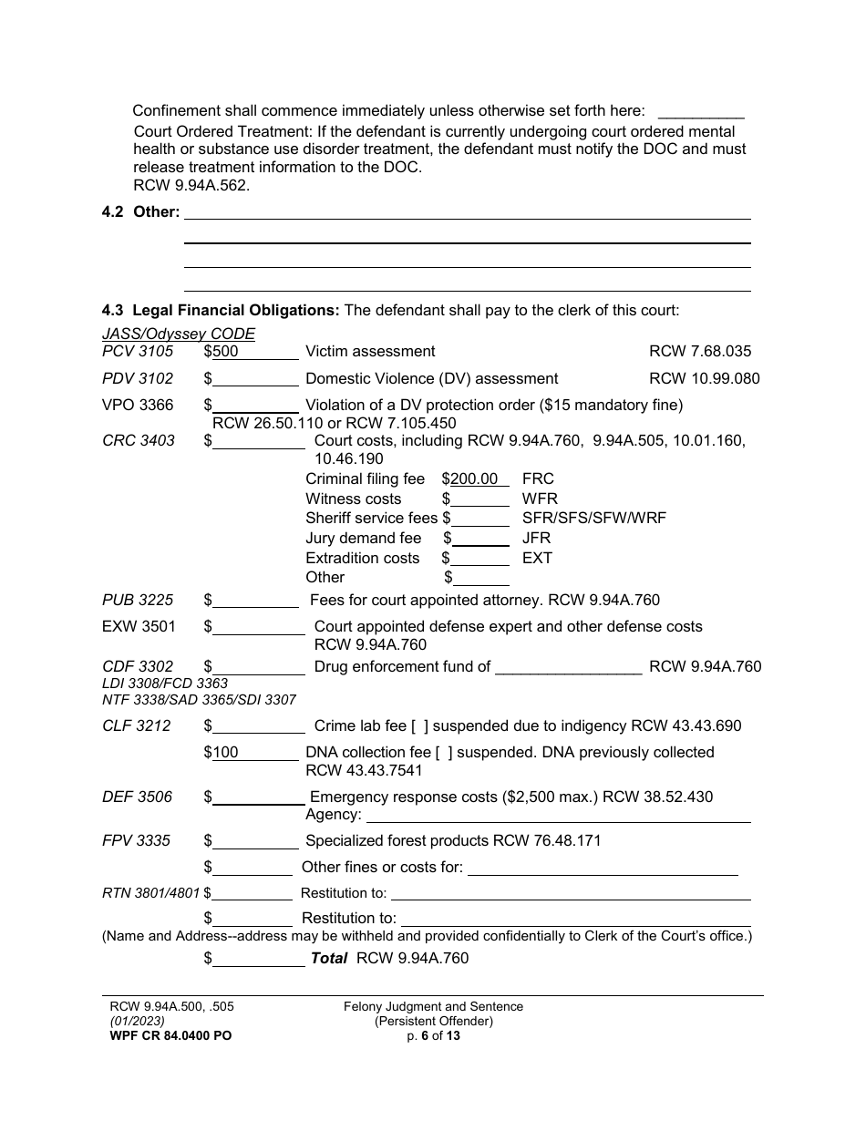Form WPF CR84.0400 PO Felony Judgment and Sentence - Persistent Offender - Washington, Page 6