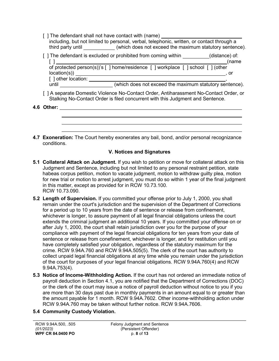 Form WPF CR84.0400 PO Felony Judgment and Sentence - Persistent Offender - Washington, Page 8