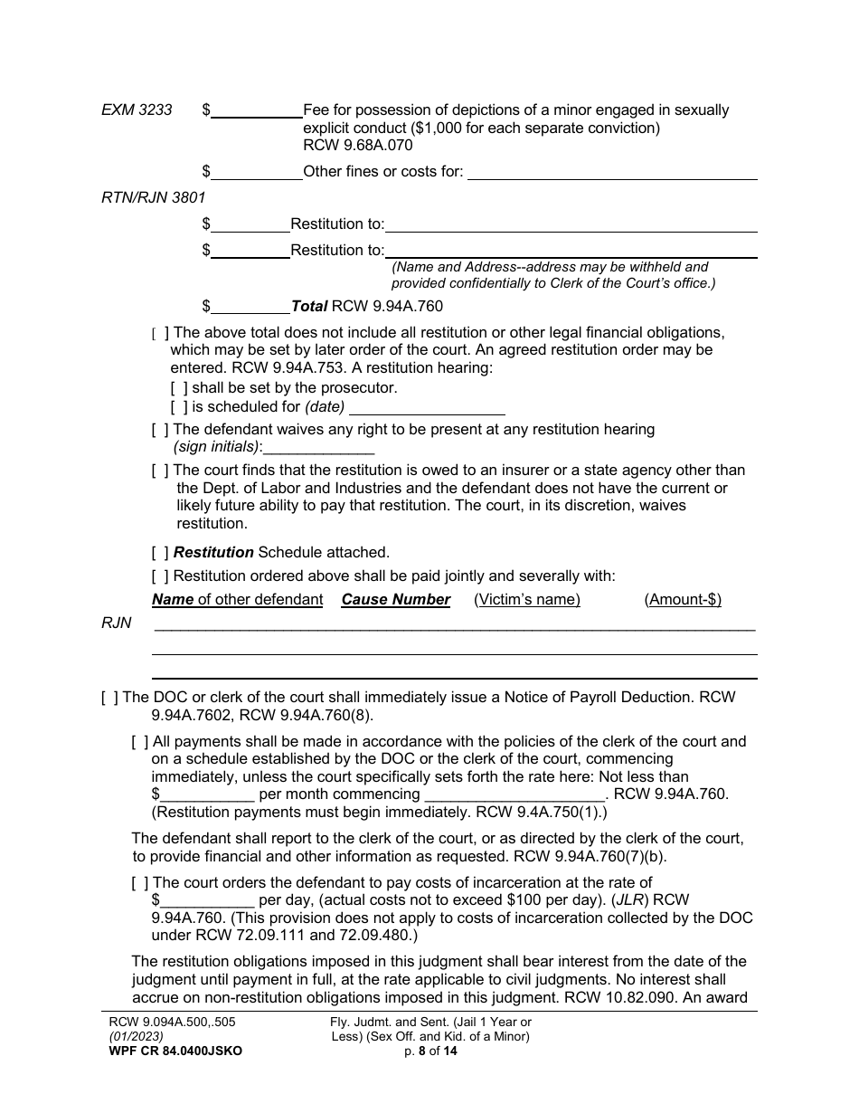 Form WPF CR84.0400 JSKO Felony Judgment and Sentence - Jail One Year or Less (Sex Offense and Kidnapping of a Minor) - Washington, Page 8