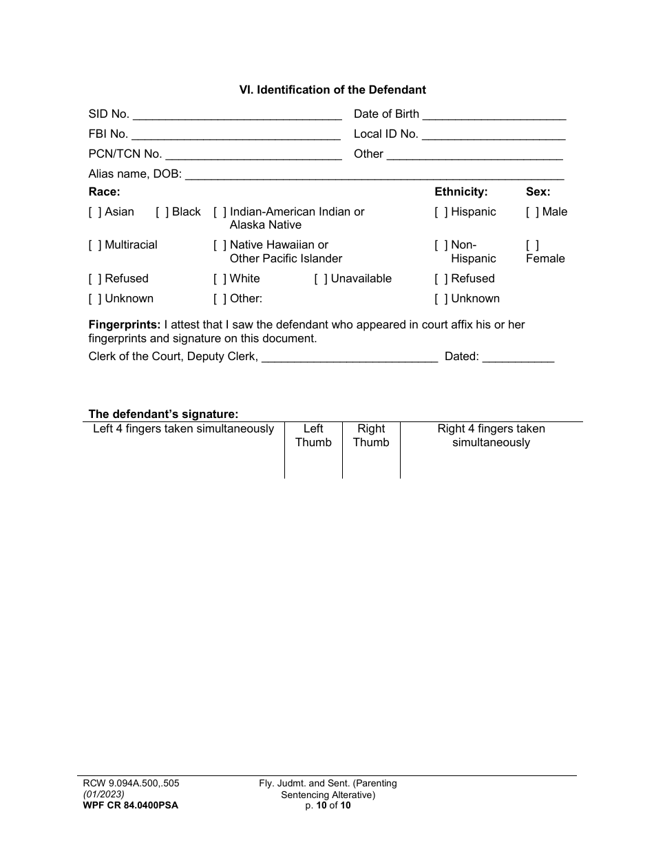 Form WPF CR84.0400 PSA Felony Judgment and Sentence - Parenting Sentencing Alternative (Fjs) - Washington, Page 10