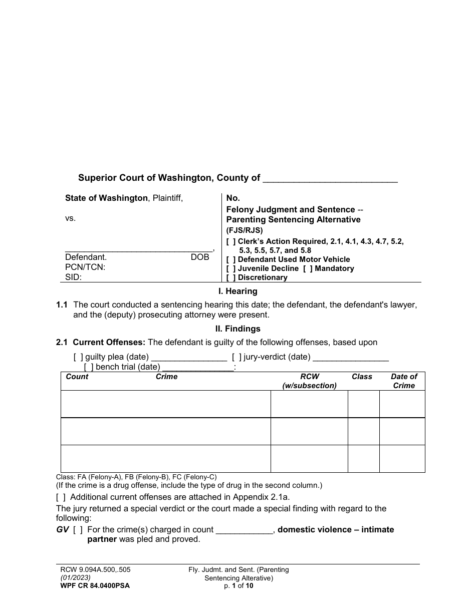 Form WPF CR84.0400 PSA Felony Judgment and Sentence - Parenting Sentencing Alternative (Fjs) - Washington, Page 1