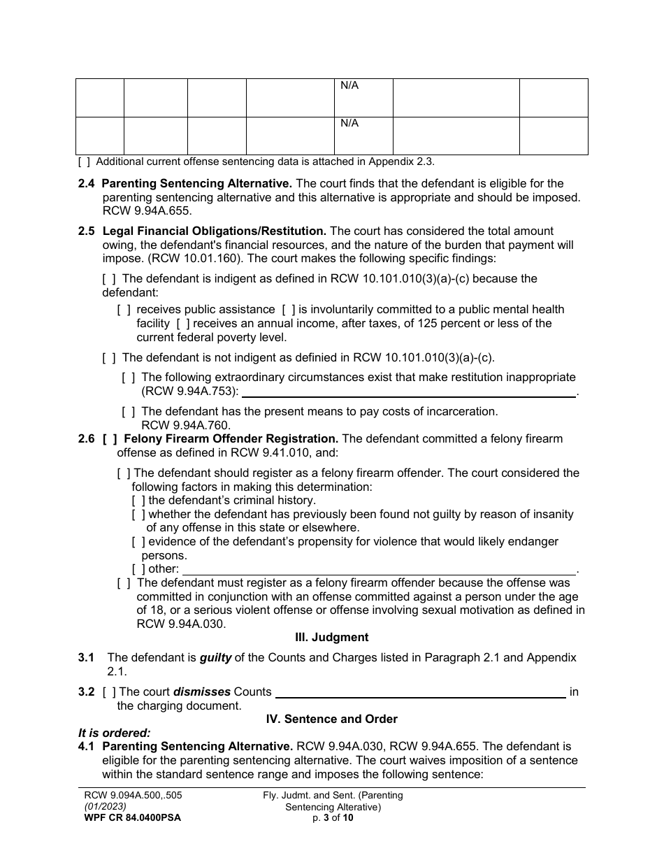 Form WPF CR84.0400 PSA Felony Judgment and Sentence - Parenting Sentencing Alternative (Fjs) - Washington, Page 3