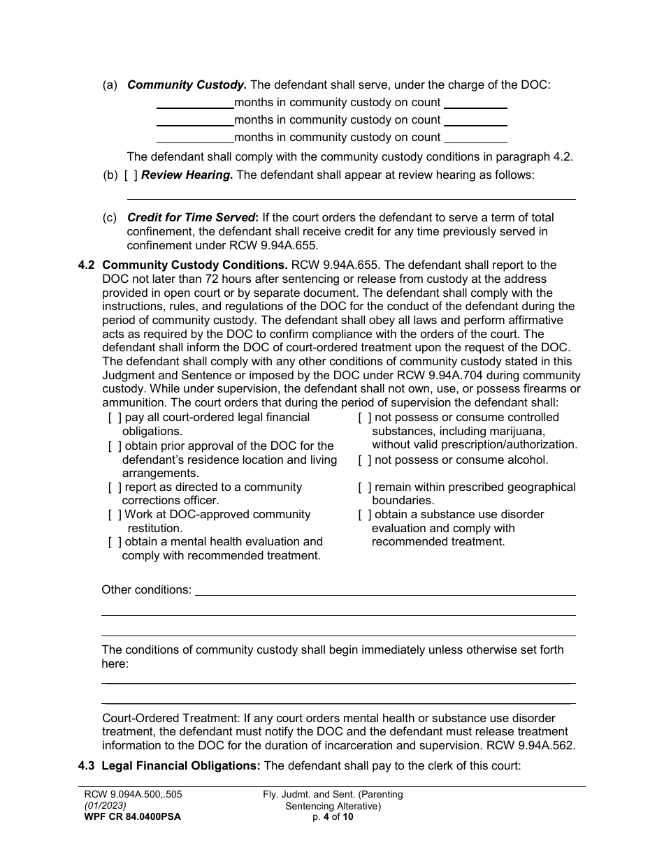Form WPF CR84.0400 PSA Felony Judgment and Sentence - Parenting Sentencing Alternative (Fjs) - Washington, Page 4