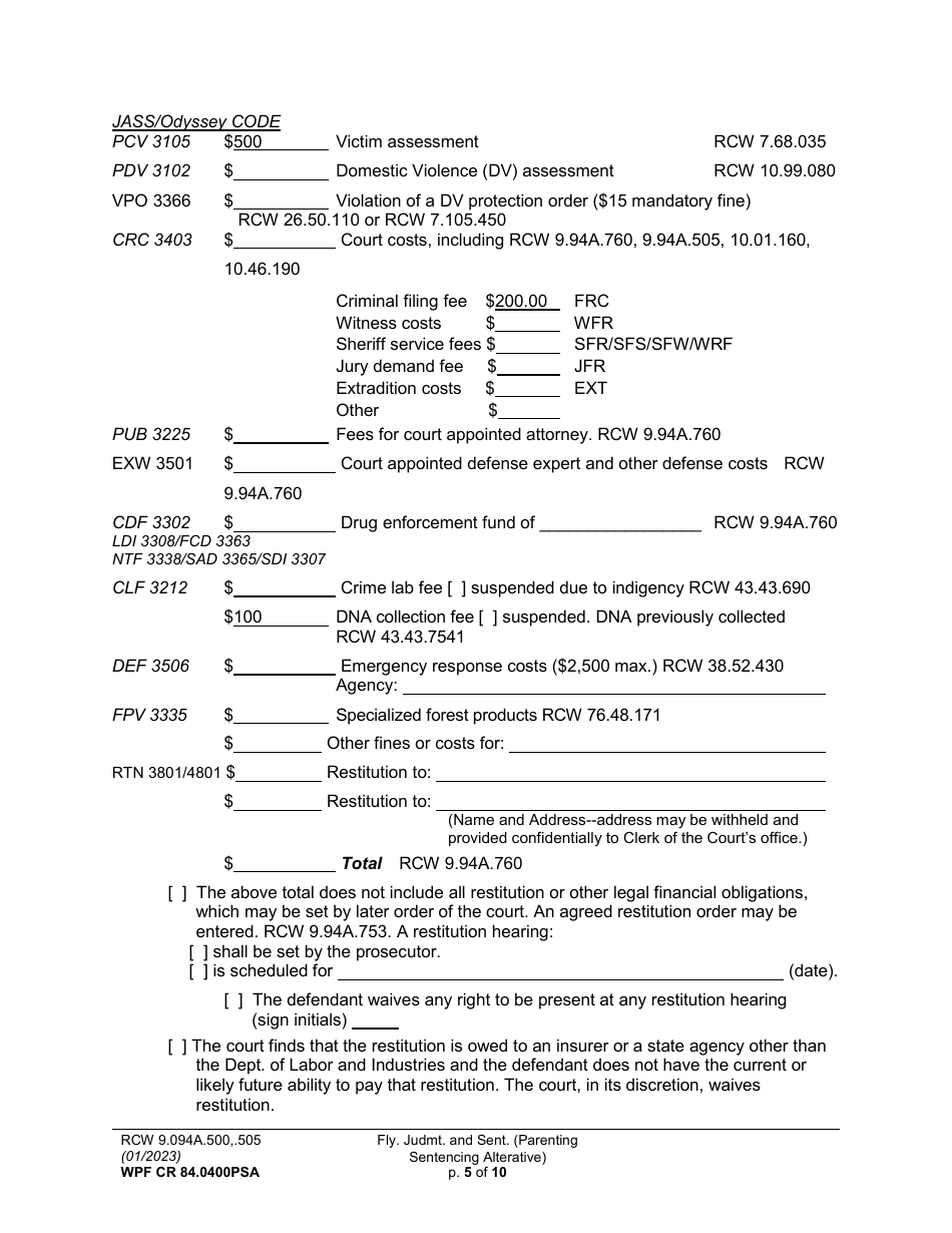 Form WPF CR84.0400 PSA Felony Judgment and Sentence - Parenting Sentencing Alternative (Fjs) - Washington, Page 5